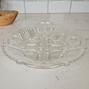 VTG Elegant Glass Trinket Jewelry Tray Embossed Floral Pattern Candy Relish Dish